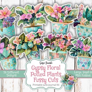 Plantas en maceta con flores gitanas, cortes delicados, etiquetas para plantas, efímeras, diario de plantas, imprimible para diario basura, kit para diario basura, diarios de jengibre