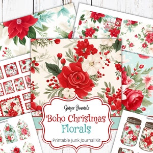 Kit de diario basura con flores navideñas bohemias de 27 páginas, kit de diario basura, imprimible, efímera, diario navideño, diarios Ginger, CM