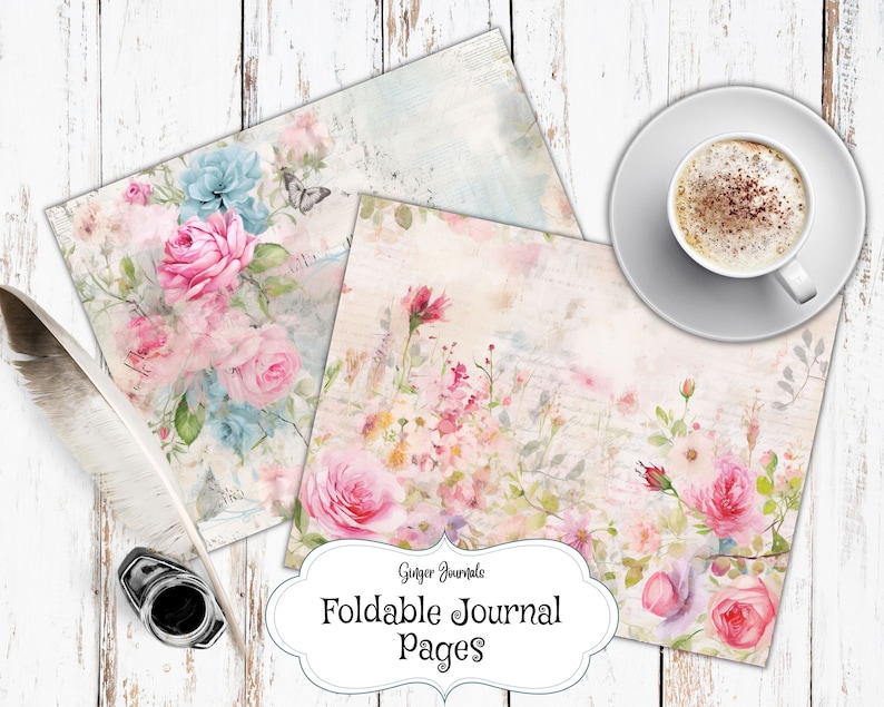 May include: Two printable journal pages with a vintage floral design. The pages feature watercolor illustrations of pink and blue flowers, leaves, and vines on a white background with a distressed texture. The text "Ginger Journals Foldable Journal Pages" is printed at the bottom of the pages.