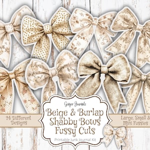 Laços Shabby Cuts Fussy, Bege e Serapilheira, Kit Diário de Junk, Diário de Junk para Imprimir, Etiquetas Neutras, Itens Efêmeros Neutros, Laços, Diários de Gengibre