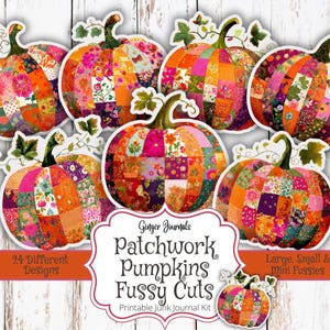 Peut inclure: Plusieurs découpes de citrouilles patchwork colorées avec des tiges et des feuilles vertes. Les citrouilles sont faites de divers motifs de tissu dans des tons d'orange, de rose, de violet et de vert. Le texte indique "Patchwork Pumpkins Fussy Cuts".