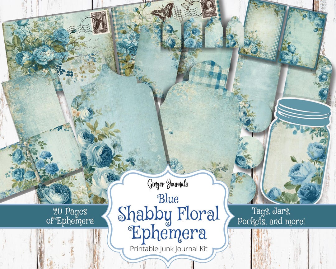 Shabby Floral Ephemera Junk Journal Kit, Blue Floral, Junk Journal ...