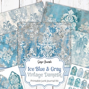 IJsblauwe en grijze vintage damast junk Journal Kit, kortstondige, afdrukbare junk Journal, dagboekpapier, plakboek, patroonpagina's, GingerJournals