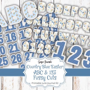 Country Blue Easter ABC & 123 fussy Cuts, Easter Junk Journal Kit, Junk Journal afdrukbaar, Junk Journal Kit, Alfabet, cijfers, letters, CBE