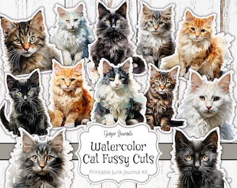 Aquarel kat ephemera kit, ongewenste dagboek afdrukbare, digitale download, ongewenste dagboek kit, kat, kitten, kattendagboek, kieskeurige kat