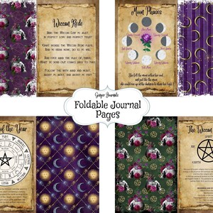 Op de afbeelding: Printbare journalpagina's met een paars en gouden kleurenschema. De pagina's bevatten illustraties van een pentagram, maanfasen, een wiel van het jaar en een Wiccan Rede. De tekst op de pagina's omvat de Wiccan Rede, de Wiccan Pentacle en het wiel van het jaar.