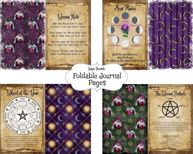 Op de afbeelding: Printbare journalpagina's met een paars en gouden kleurenschema. De pagina's bevatten illustraties van een pentagram, maanfasen, een wiel van het jaar en een Wiccan Rede. De tekst op de pagina's omvat de Wiccan Rede, de Wiccan Pentacle en het wiel van het jaar.