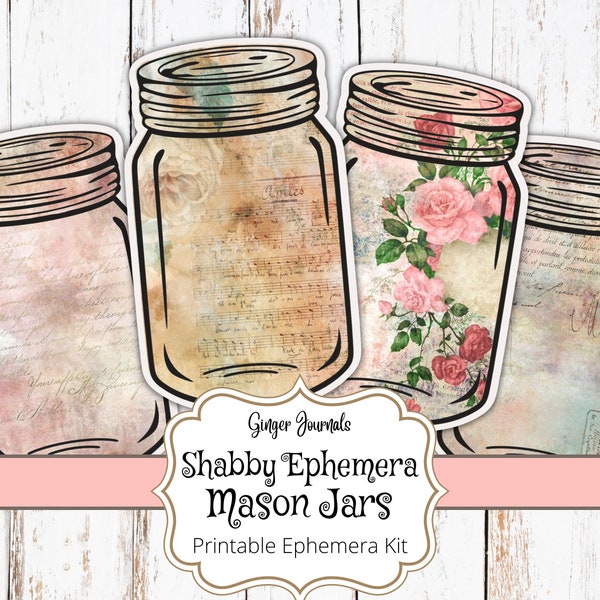 Ephemera Mason Jars, Shabby Jars, Junk Journal Kit, Junk Journal Printable, Floral Junk Journal, Scrapbook, Jar Ephemera, Shabby Ephemera