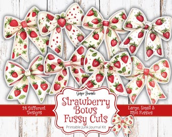 Strawberry Bows Fussy Cuts, Junk Journal Kit, Junk Journal Printable, Strawberry Tags, Strawberry Ephemera, Bows, Ginger Journals