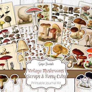 Objetos efêmeros de cogumelos vintage, retalhos vintage, diário de sucata para impressão, objetos efêmeros para impressão, recortes elaborados de cogumelos, kit de diário de sucata