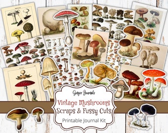 Vintage Mushroom Ephemera, Vintage Scraps, Junk Journal Printable, Printable Ephemera, Mushroom Fussy Cuts, Junk Journal Kit