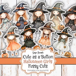 Puede incluir: Un conjunto de ilustraciones imprimibles de chicas brujas de Halloween. Las chicas llevan vestidos negros, naranjas y blancos con sombreros de bruja. Llevan calabazas y escobas. El texto de la imagen dice "Cute as a Button Halloween Girls Fussy Cuts Printable Junk Journal Kit".