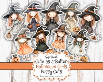 Könnte beinhalten: Ein Satz druckbarer Halloween-Hexenmädchen-Illustrationen. Die Mädchen tragen schwarze, orange und weiße Kleider mit Hexenhüten. Sie halten Kürbisse und Besen in der Hand. Der Text auf dem Bild lautet "Cute as a Button Halloween Girls Fussy Cuts Printable Junk Journal Kit".