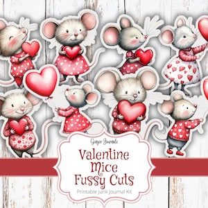 Valentine Mäuse Fussy Schnitte, Valentinstag Tiere, Junk Journal Kit, Junk Journal Printable, Valentinstag Journal, Digital, Valentinstag, VT