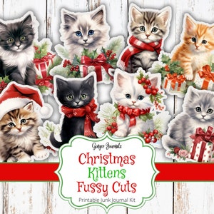 Kit de diario basura, recortes de gatitos navideños, imprimibles de diario basura, material efímero de diario, diario navideño, gatos navideños, etiquetas, CM