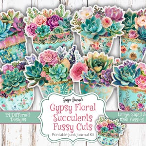 Suculentas florales gitanas, cortes delicados, etiquetas para plantas, efímeras, diario de verano, imprimible para diario basura, kit para diario basura, diarios de jengibre