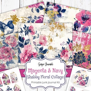 Magenta und Marine Schäbige Blumen Collage Junk Journal Kit, Blumen Ephemera, Junk Journal Printable, Blumen Junk Journal, Ginger Journals, MNG