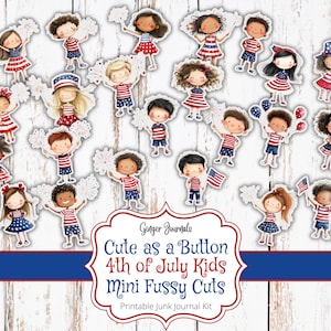 May include: A set of 17 digital clipart images featuring cute kids dressed in red, white, and blue patriotic outfits. The images are perfect for scrapbooking, card making, and other craft projects.