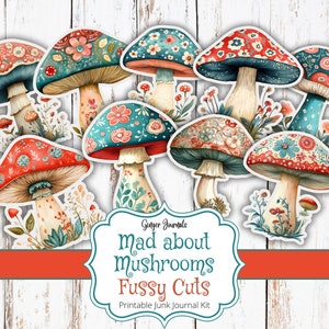 Coral & Teal Mushroom Fussy Cuts, Cogumelos Ephemera, Diário de Junk para Imprimir, Toppers de Cupcake de Cogumelos, Diário de Cogumelos, Louco por Cogumelos