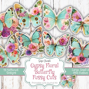 Farfalla floreale zingara, tagli elaborati, effimeri, diario a farfalla, diario di scarto stampabile, kit di diario di scarto, diari allo zenzero, boho, farfalle