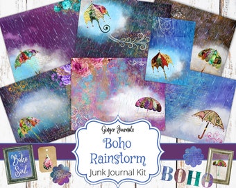 Boho Rainstorm Junk Journal Kit, Junk Journal Printable, Junk Journal Kit, Scrapbook Kit, Journal Pages, Boho Journal, Stormy Journal