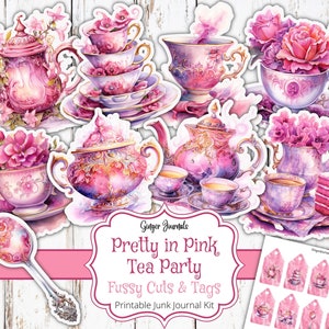 Pink Tea Fussy Cuts, Junk Journal Printable, Junk Journal Kit, Digital Download, Pink Ephemera, Tea Party Junk Journal, Pretty in Pink