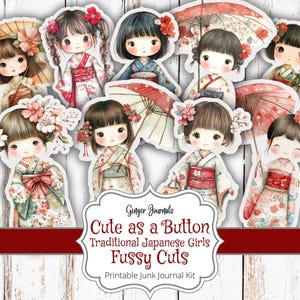 Traditionelle Japanische Mädchen pingelige Schnitte, süß wie ein Knopf, Junk Journal Kit, Junk Journal Printable, Cupcake Toppers, Geschenkanhänger, Ephemera