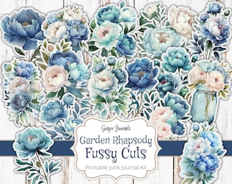 Blue Floral Fussy Cuts, Garden Rhapsody, Junk Journal Printable, Junk Journal Kit, Ephemera Kit, Fussy Cut Flower, Blue Ephemera, Blue