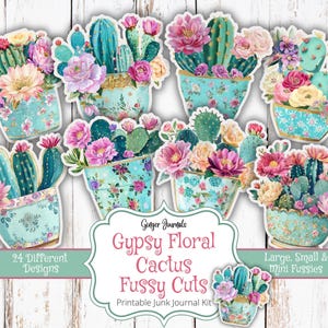 Cactus florales gitanos con cortes delicados, etiquetas, efímeras, diario de cactus, imprimible para diario basura, kit para diario basura, diario del suroeste, desierto