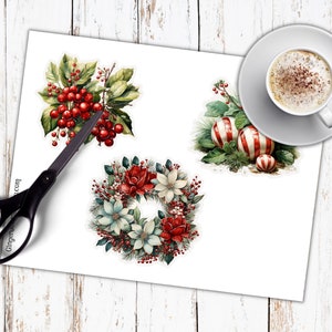May include: Three Christmas-themed illustrations: a wreath with red and white flowers, a sprig of holly with red berries, and a group of red and white striped baubles.