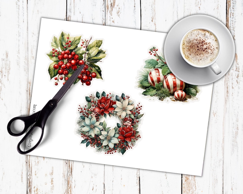 May include: Three Christmas-themed illustrations: a wreath with red and white flowers, a sprig of holly with red berries, and a group of red and white striped baubles.