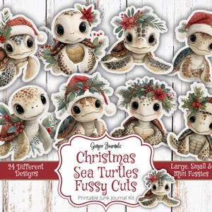 May include: A collection of Christmas-themed sea turtle cutouts. Each turtle is adorned with festive decorations like Santa hats, holly, and floral wreaths. The image includes text that reads "Christmas Sea Turtles Fussy Cuts" and "24 Different Designs."