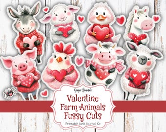 Animales de granja para San Valentín: cortes delicados, animales de San Valentín, kit para diario basura, imprimible para diario basura, diario de San Valentín, etiquetas para San Valentín, VT