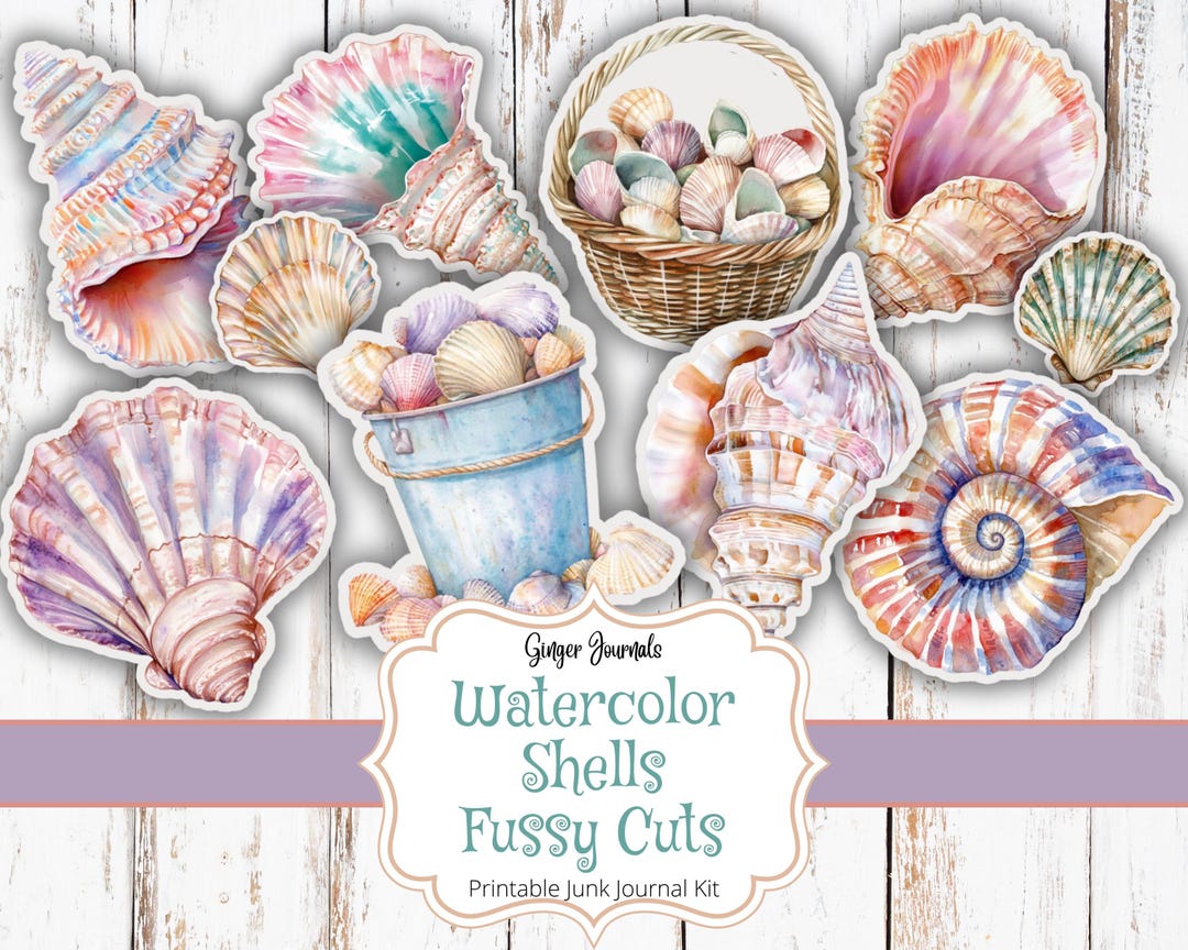 Plastic Shell Code Journal Watercolor Shell Fussy Cuts, Ocean Ephemera, Junk Journal Printable ...