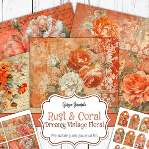 Kit de diario basura floral de 30 páginas en tonos óxido y coral, imprimible, para verano, con motivos florales vintage de ensueño y de jengibre.