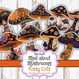 Cortes Fussy de Cogumelos de Halloween, Cogumelos Efêmeros, Diário de Lixo para Imprimir, Kit de Diário de Lixo de Cogumelos, Diário de Cogumelos, Louco por Cogumelos