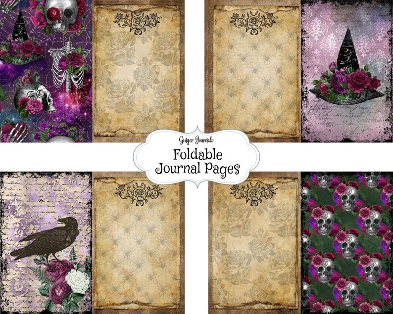 Op de afbeelding: Zes printbare pagina's voor een vouwbaar dagboek met een Halloween-thema. De pagina's bevatten een verscheidenheid aan griezelige ontwerpen, waaronder schedels, rozen, een raaf, een heksenhoed en spinnenwebben. De pagina's zijn ontworpen om op stevig papier te worden afgedrukt en vervolgens gevouwen om een uniek en persoonlijk dagboek te cre&euml;ren.