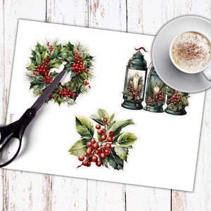May include: A set of three printable Christmas decorations featuring holly sprigs and lanterns with candles. The lanterns are green and blue with red accents. The holly sprigs have red berries.
