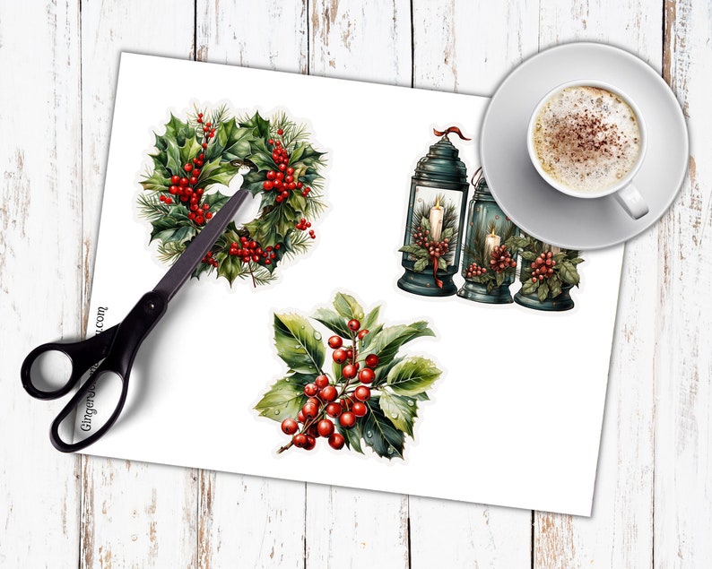 May include: A set of three printable Christmas decorations featuring holly sprigs and lanterns with candles. The lanterns are green and blue with red accents. The holly sprigs have red berries.