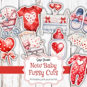 Recortes para bebés recién nacidos, kit para diario basura, imprimible para diario basura, material efímero para diario basura, álbum de recortes para bebés, corazones, diario para baby shower