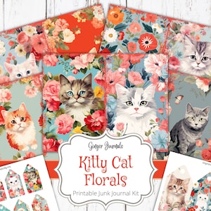 Kit per diario di scarto con motivi floreali a forma di gatto, diario di scarto stampabile, carta per diario di scarto, album, gatto shabby, effimeri, diari color zenzero, CT