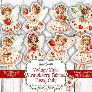 Vintage Stil Erdbeer Fee Fussy Schnitte Junk Journal Kit, bedruckbar, Feen Junk Journal, Ginger Journals, Fairy Diecuts, FY, SBB