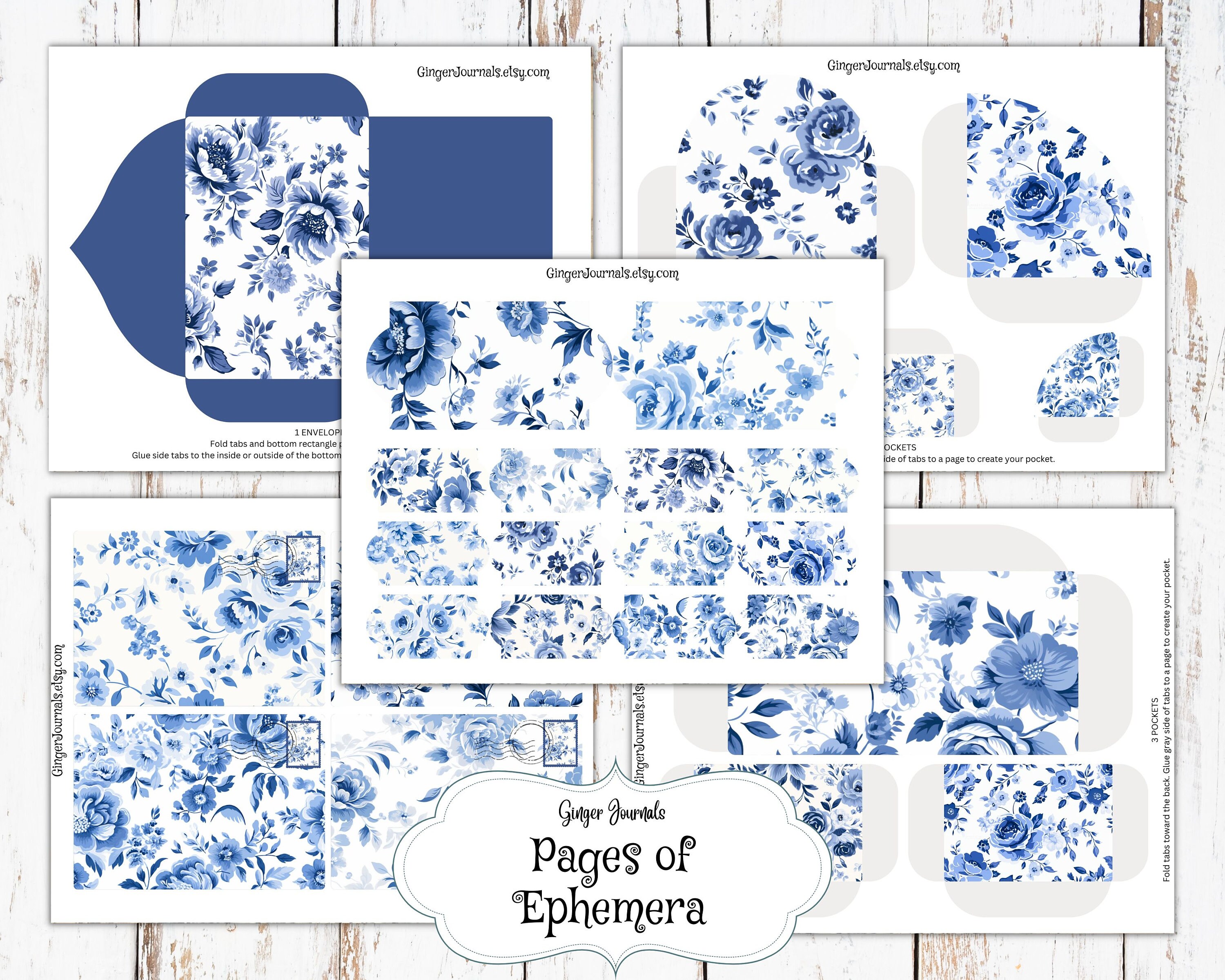 26 Pages Floral Junk Journal Kit, Floral Charm in French Blue