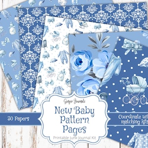 New Baby Junk Journal Pattern Pages, Blue Baby Journal, Junk Journal Printable, Baby Shower Journal, Blue Baby, Junk Journal Kit, Boy