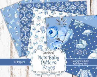 May include: A collection of blue patterned papers for a baby-themed junk journal kit. The papers feature various designs, including floral patterns, polka dots, and baby-related illustrations such as strollers and baby clothes. The text on the image reads "New Baby Pattern Pages".