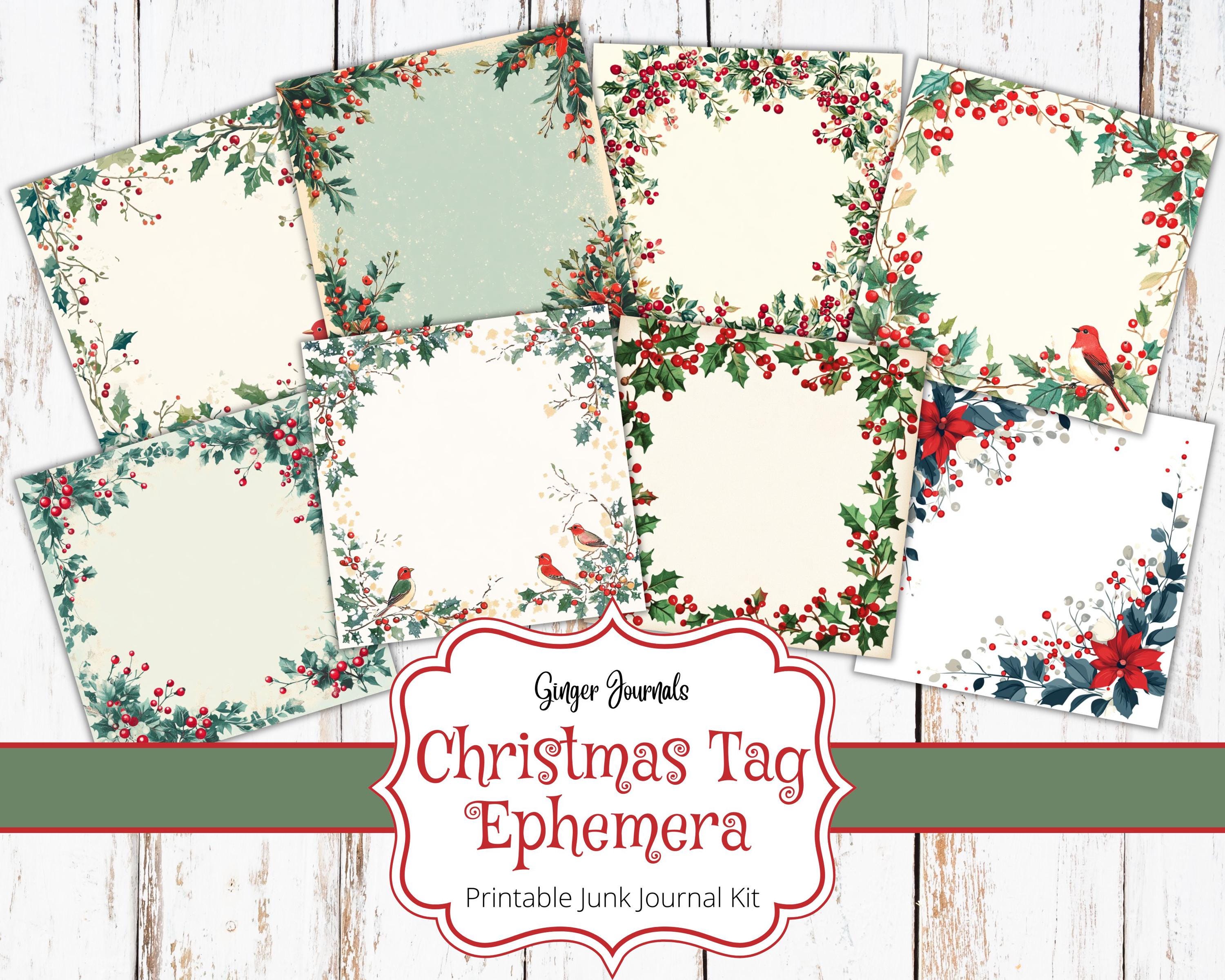 Christmas Tag Ephemera, Druckbare Weihnachtstags, Geschenkanhänger, Junk Journal Kit, Weihnachten Blumen Tags, Urlaub Journal, leere Tags, CM