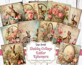May include: A digital collage kit featuring vintage images of bunnies, baskets of flowers, and eggs. The kit is titled "Shabby Collage Easter Ephemera" and is described as a printable junk journal kit.