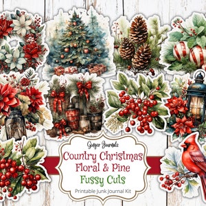 Country Christmas Floral Fussy Cuts, Junk Journal Kit, Junk Journal Printable, Journal Ephemera, Christmas Journal, Rustic Christmas, CM