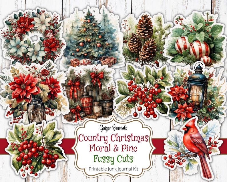 May include: A set of printable digital scrapbook paper featuring a country Christmas theme. The images include a red cardinal, a Christmas tree, a wreath, pine cones, and red berries. The paper is perfect for creating cards, scrapbook pages, and other crafts.