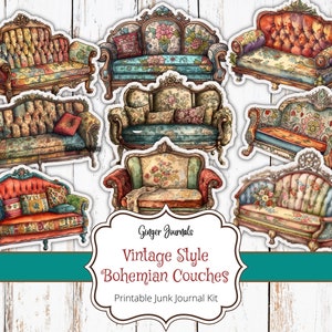 Efímera de sofá estilo bohemio vintage, Efímera bohemia, Imprimible para diario basura, Kit para diario basura, Kit de efímeras, Descarga imprimible, Fussy Cuts